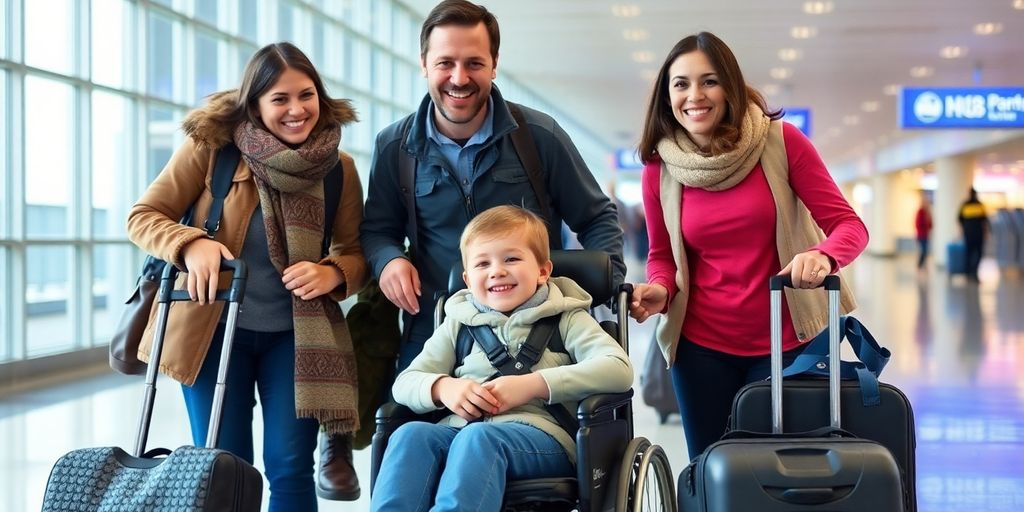 Family traveling with special needs child at airport.