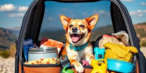 Happy dog with travel essentials in a scenic setting.