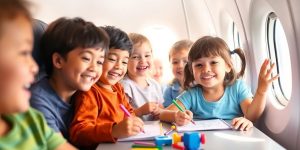 Kids having fun with activities on an airplane.