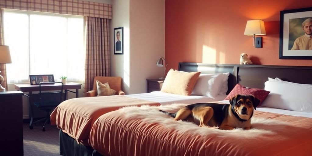 Pet-friendly hotel room with a dog on the bed.